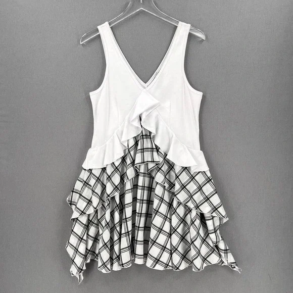 OPENING CEREMONY Dress Womens Small White Black Sleeve Plaid Ruffle Skater NWT - Picture 2 of 16